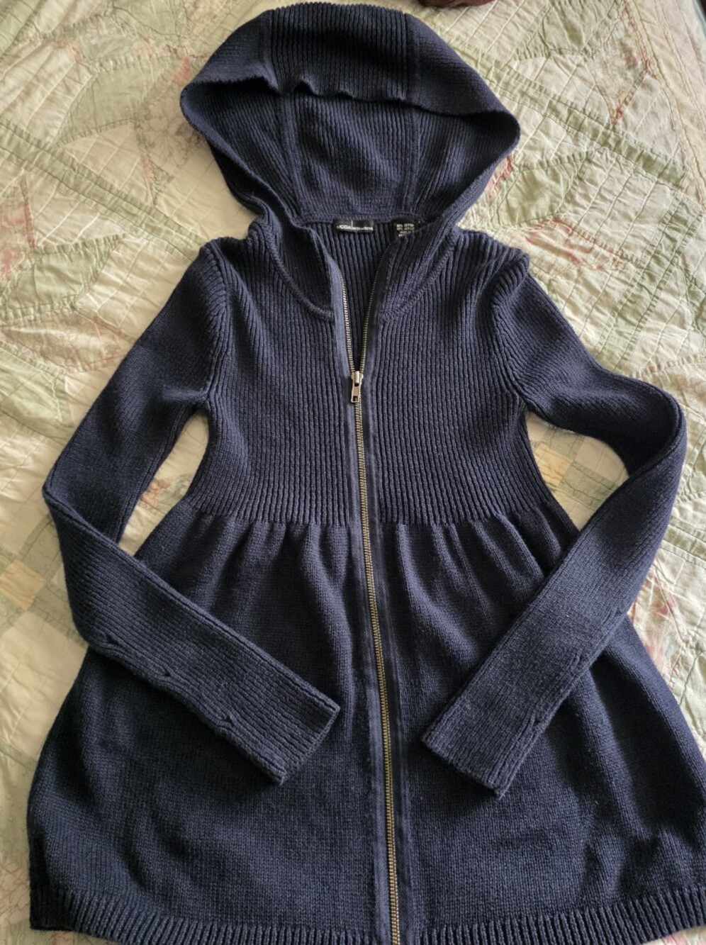 Moda International Navy Long Zip Hooded Knit Cardigan